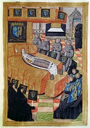Fol.12r La Duquesa Reina en su lecho de muerte, del Relato del Funeral de Ana de Bretaña (1477-1514) 1515
